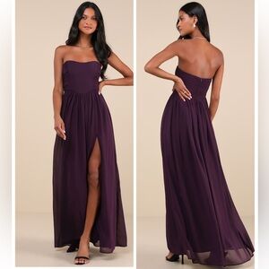 Lulus Luxe Favorite Dark Purple Strapless Ruched Maxi Dress size Medium Formal